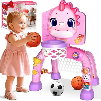Zerhunt Toddler Gift for Aged 1-2 Dinosaur Toys Activity Center with Music/Light-Up - Sport Game Basketball Hoop & Soccer for Indoor Yard - 6+ Month Baby Gift for Birthday Christmas