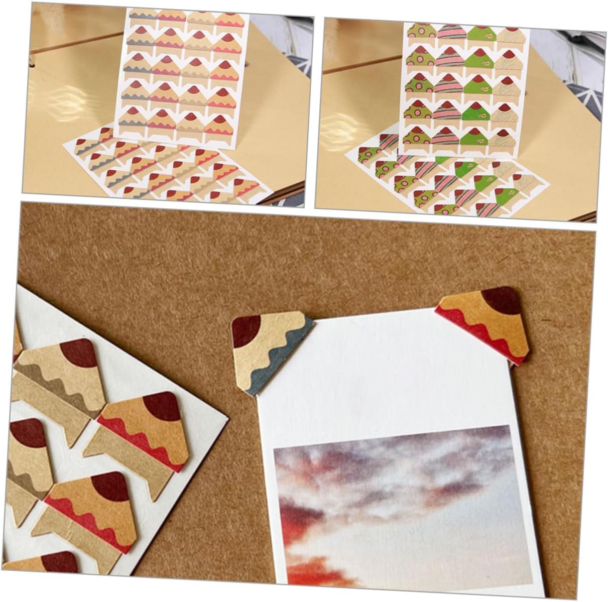 NUOBESTY Self-Adhesive Photo Corners and Scrapbooking Picture Mounting Stickers, 24pcs Paper Corner Protectors Cute and Solid Pen Tip Patterns, DIY Album Craft Supplies for Photo Albums