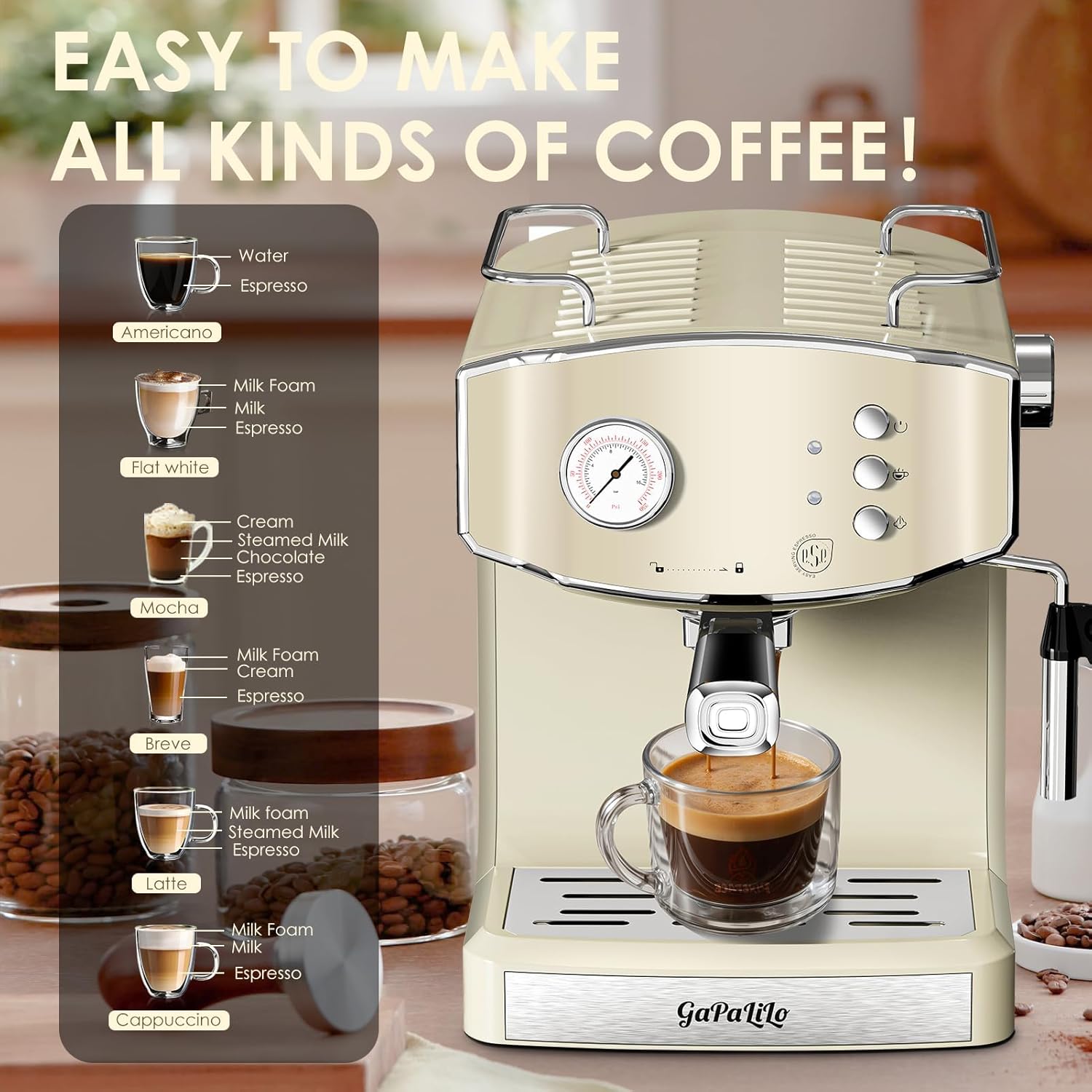 Retro-Style 20 Bar Espresso Machine with Milk Frother, ESE Pod Compatible Coffee Maker with Pressure Gauge, 54 oz PP Removable Water Tank for Home Barista (Beige)