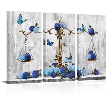 Saypeacher Vintage Legal Balance Wall Art Justice Picture with Rose and Butterfly, Blue and Gray Wall Decor for Living Room Office Decor, Lawyer Office Decor Art 16x31.5''x3