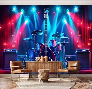 Guitar Vintage Cave Electric Drum Set Amplifiers Stage Lights Wall Mural Peel & Stick Wallpaper Removable Self-Adhesive Large Wall Sticker Wall Decor for Bedroom Living Room Nursery 69"x98"