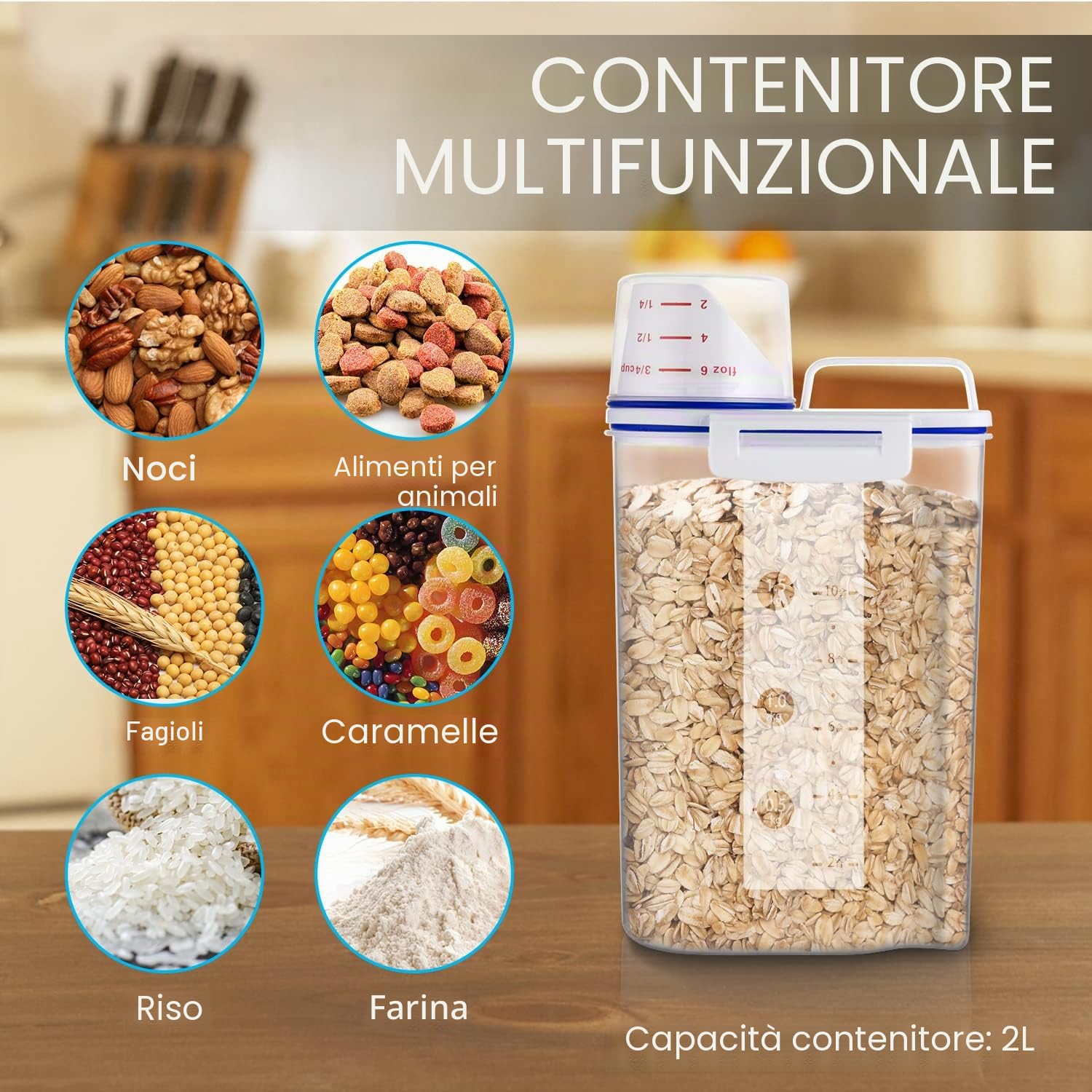 Contenitore per alimenti da 2 l, piccolo contenitore portatile per riso con misurino, in plastica senza BPA, con beccuccio per versare, per fagioli, farina, cibo per animali domestici