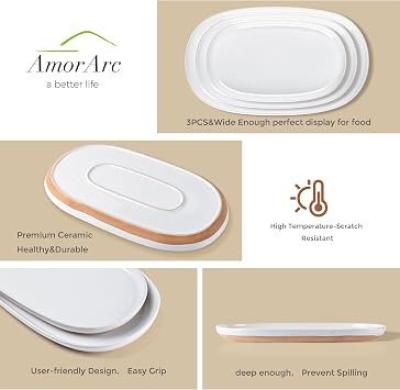AmorArc Large Ceramic Serving Platter, 15.5/14/12.2 Oval Platters Microwave Safe, Serving Trays for Wedding, Stoneware Serving Dish for Entertaining&Party, Set of 3