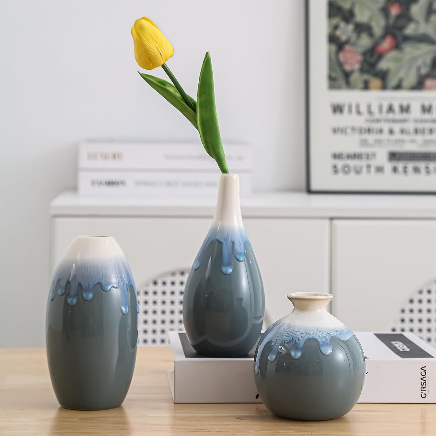 Ceramic Vase Set of 3, Farmhouse Decor, Home Decorative Vases for Kitchen, Bedroom, Office, Living Room, Bathroom, Shelf Centerpiece Table, Terracotta Pottery Vases Set Gift Blue - Image 3