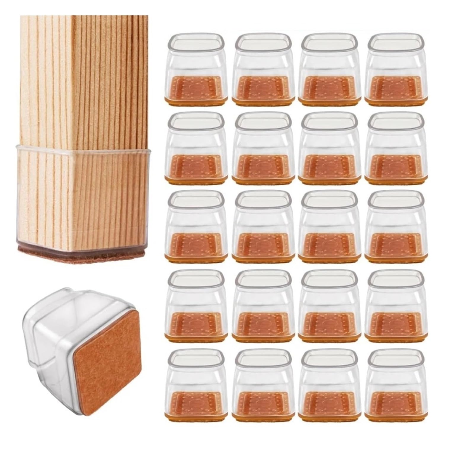 24 Stück geräuschlose quadratische Fußabdeckung for Tisch und Stuhl, transparent, dick, rutschfest, verschleißfest, Silikon, Schutzhülle for Tisch und Stuhl(3-4.4cm)
