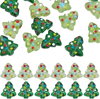 SUNNYCLUE 1 Box 20Pcs Christmas Tree Glass Bead Bumpy Lampwork Beads Bulk Handmade Transparent Crystal Green Xmas Winter Glitter Sparkle Loose Spacer Trees Beads for Bracelets DIY Jewelry Making Craft