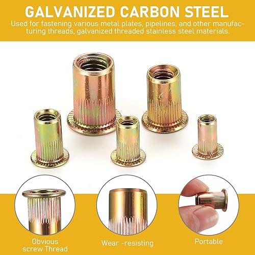 Miniatura 4 de 400pcs Rivet Nut Kit, Flat Head Threaded Rivets Nut Inserts Assortment Kit, Carbon Steel SAE UNC Rivets Nuts Nutserts for Metal, Plastic - 5#, 8-32,