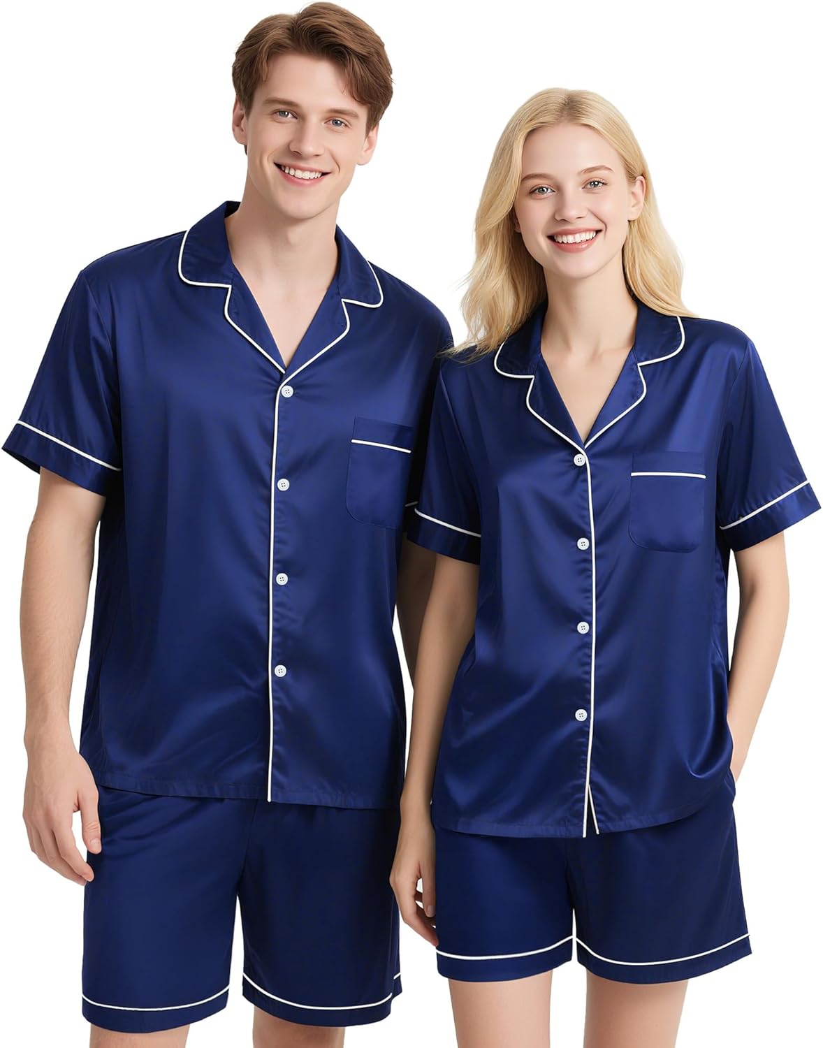 Couples Silk Pajama Sets Short Sleeve Top and Shorts Pjs 2 Pieces Button Down Sleepwear Set M-XL