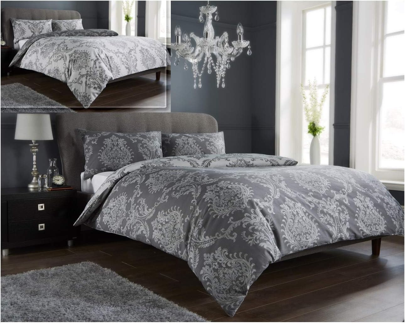 GoldStar® Royal Damask Black Super King Reversible Duvet Quilt Cover Floral Printed Bedding Set with Pillowcase