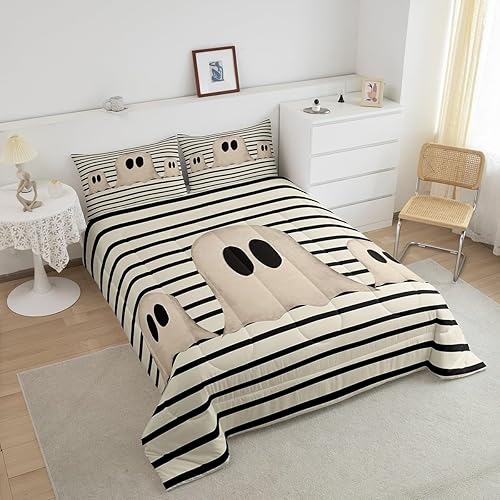 Miniatura 10 de Feelyou Juego de edredón de murciélago para niñas y niños, tamaño Queen, edredón de Halloween decorativo en blanco y negro, juego de edredón de