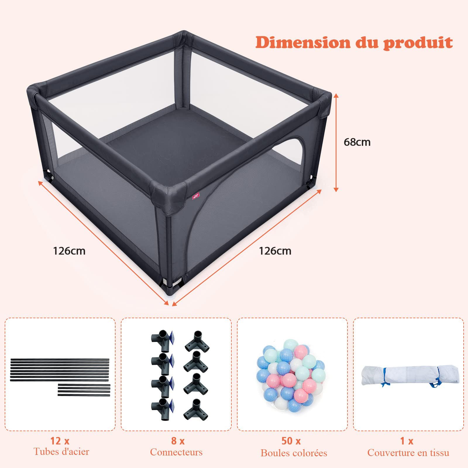 GOPLUS Parque Infantil Bebe, Baby Playpen, Corrales para Bebes, Centro de Actividades Interior para Niños, con Malla, Bolas, Bebé de 10 Meses a 6 Años, Interior y Exterior, 120 x 120 x 68 cm, Gris