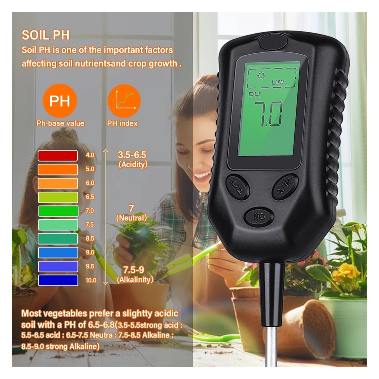 Medidor de humedad del suelo Medidor De PH Del Suelo 4 En 1, Monitor De Humedad, Probador De Luz Solar, Termómetro, Plantas De Jardinería, Sensor De Suelo De Flores Con Luz Negra Fiable y Preciso