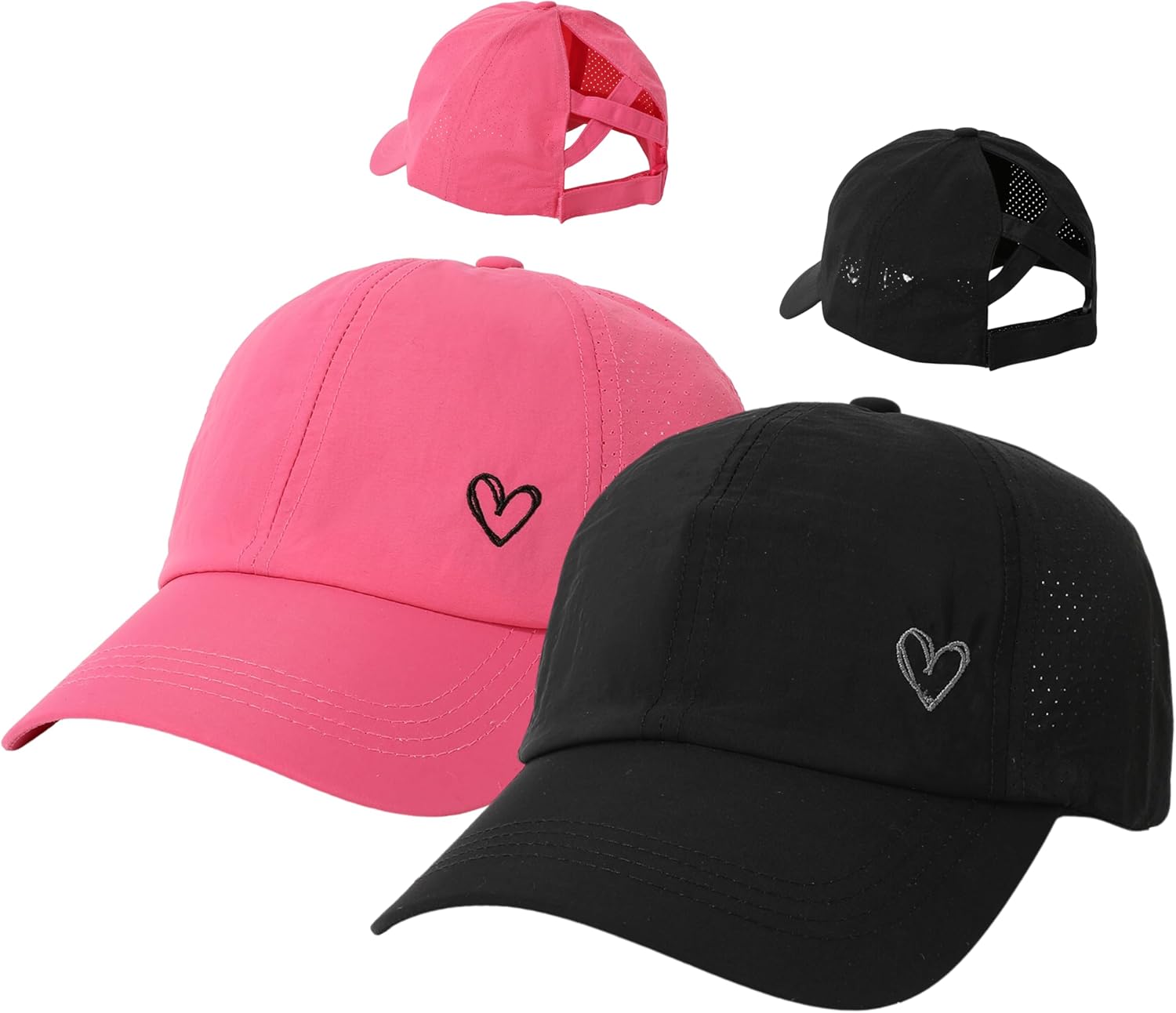 Women's Cross Ponytail Cap with Breathable Mesh, Quick Dry, Ponytail Hole, 2 Pack, Pink and Black. Embroidered Heart Insert., Pink/Black