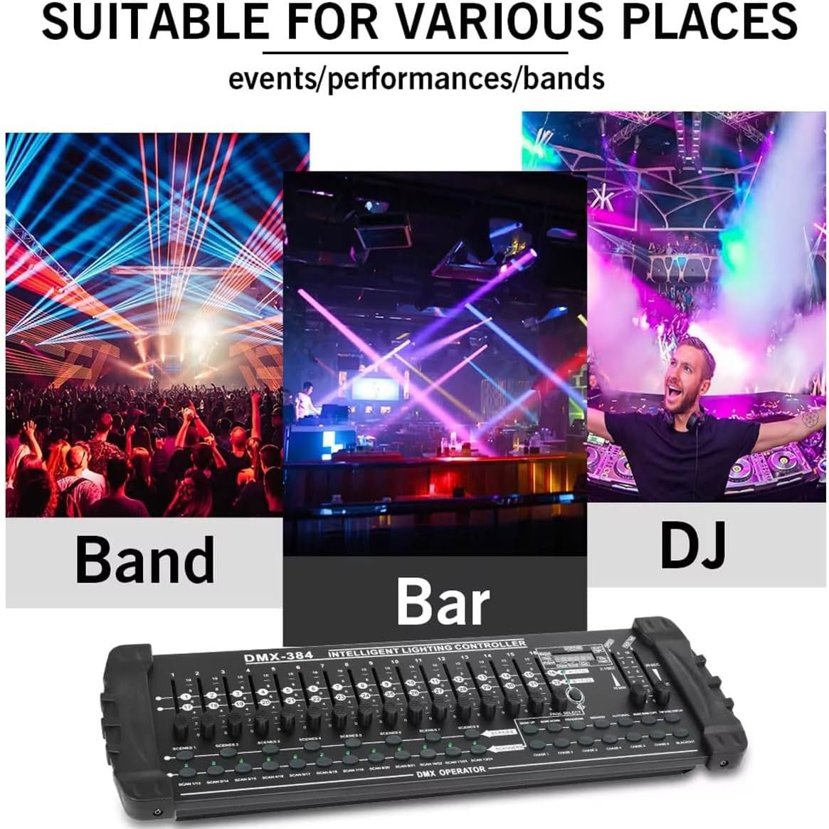 DMX512-Lichtsteuerung, 384 Kanäle DJ-Bühnenlichtsteuerung, unterstützt 30 Bänke, 8 Szenen und 24 Vorrichtungen. Bühnenlichtkonsole zur Programmbearbeitung von DJ-Lichtern in Shows, Bars und Clubs