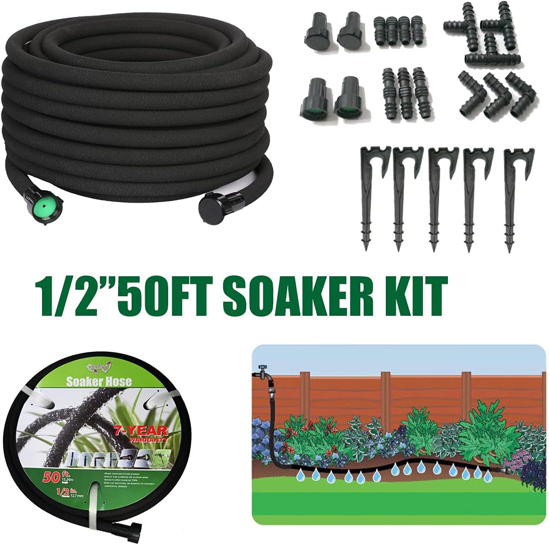 AEACUS Soaker Hose 1/2 inch x 50FT,Garden Hose With Fittings,Heavy Duty Soaker Hose-Saves 70% Water For Lawn(50FT).