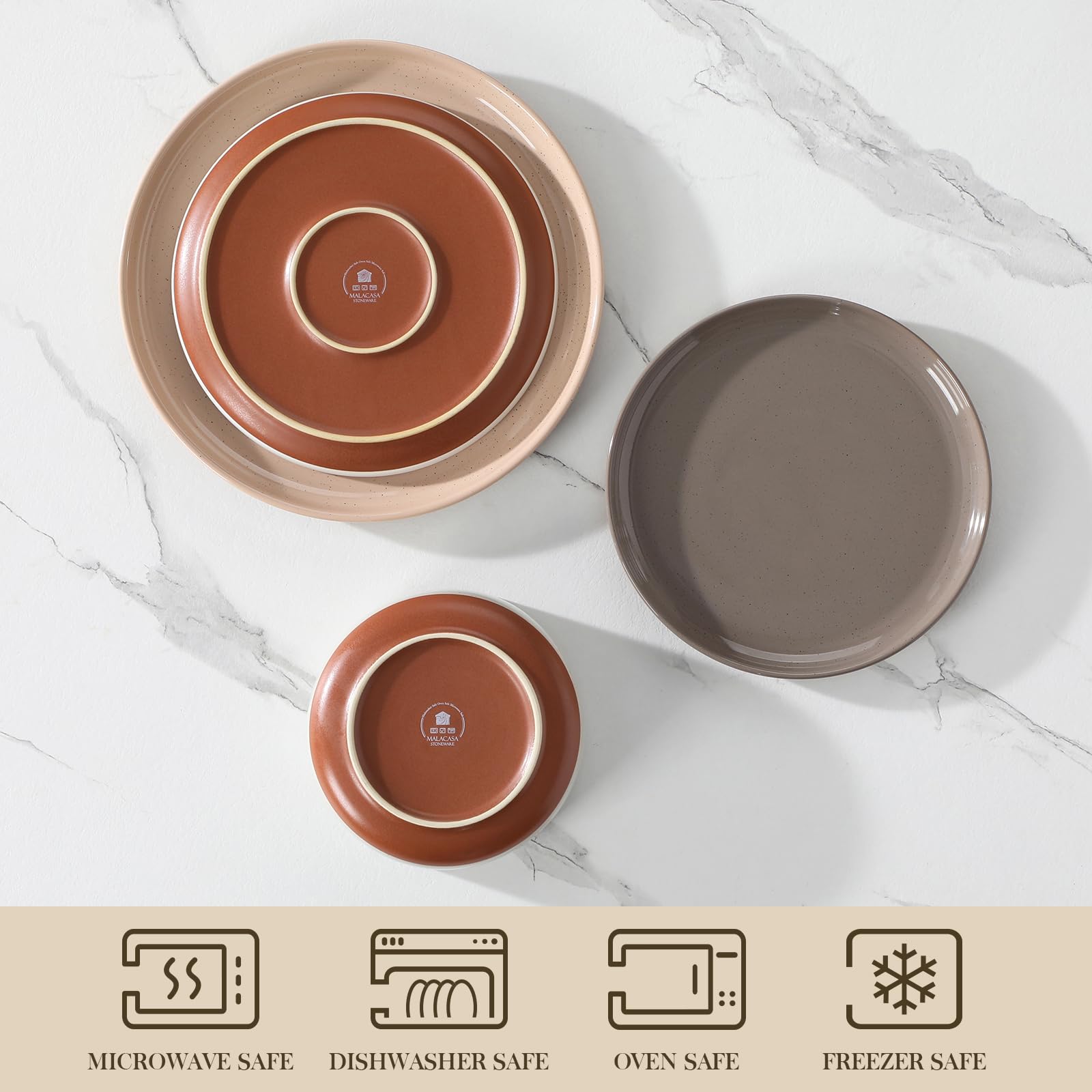 MALACASA Juego de platos y cuencos, juego de vajilla moderna de cerámica de 12 piezas para 4 platos de cocina, juego de vajilla de cerámica, apto para microondas y lavavajillas, multicolor, serie TARA