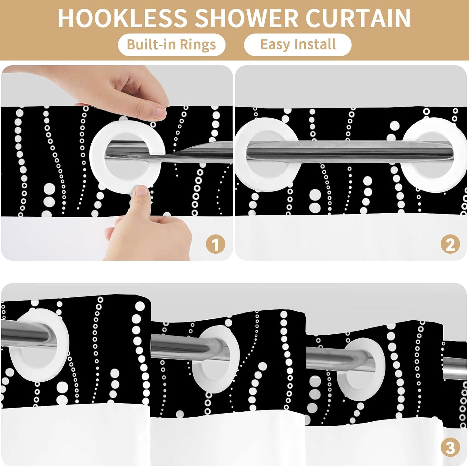 No Hook Shower Curtain with Snap in Liner,Polka Dot,Black and White,72Wx75L