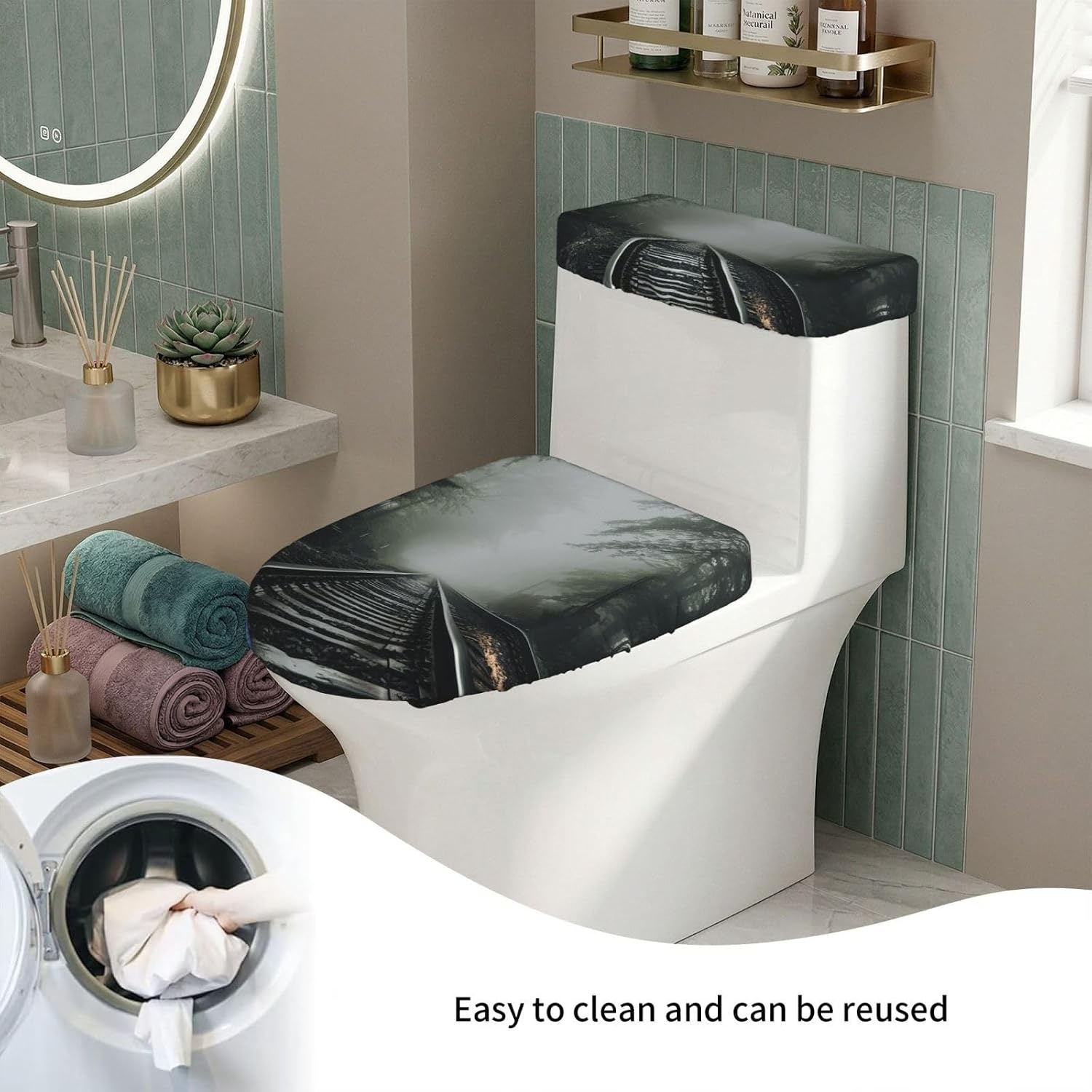 Railway In The Fog Toilet Tank Cover And Toilet Lid Cover Set Stretch Bathroom Toilet Lid Seat Cover