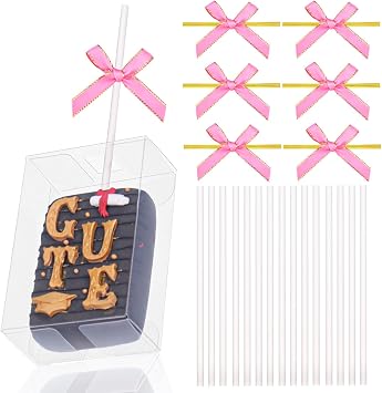 30 Set Clear Rice Krispie Treat Boxes with White Stick and Pink Tie, 3.5x2.4x1.38 Inches, Clear Boxes for Cakesickle, Treat, Party Favors