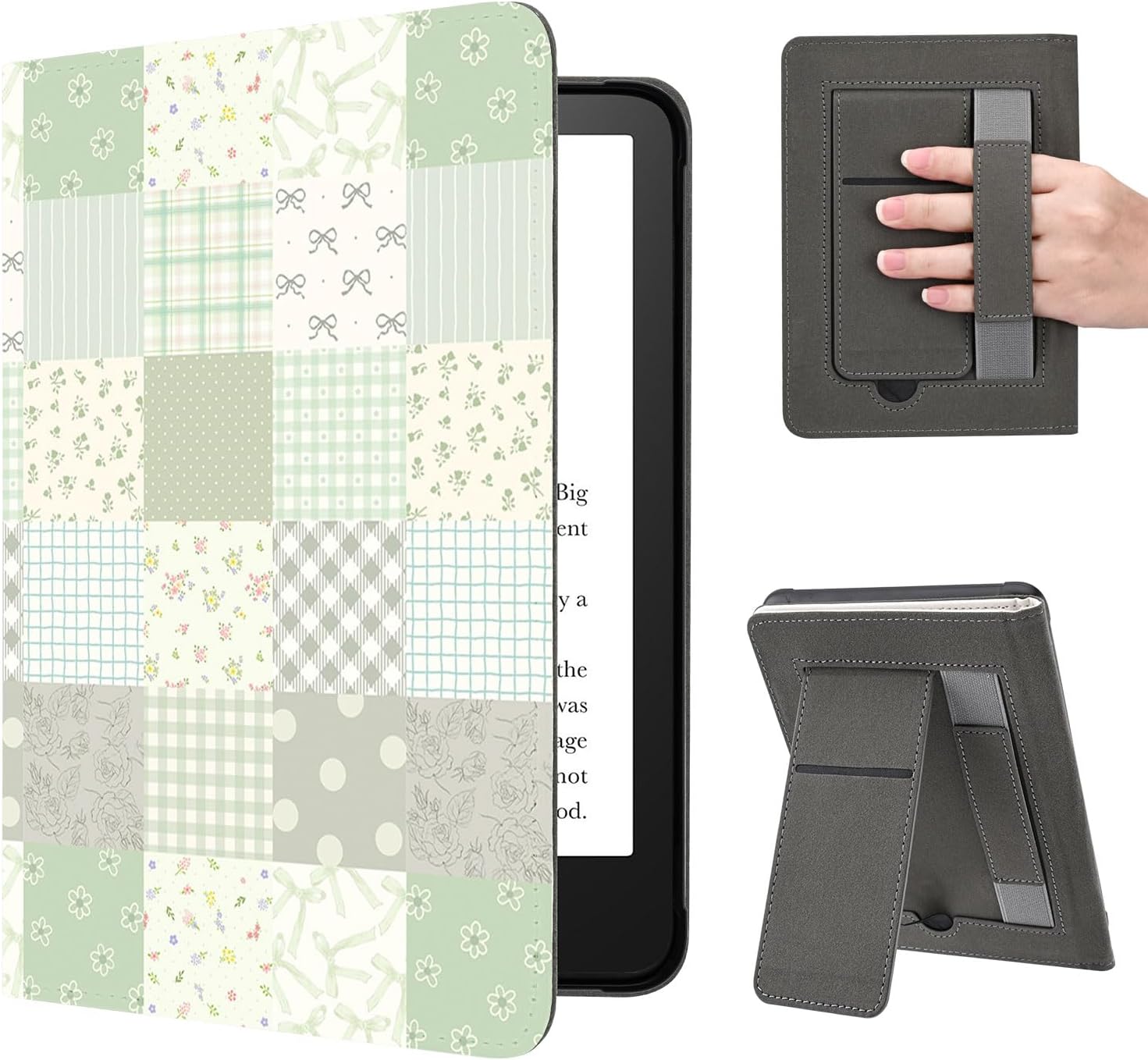 Green Patchwork Case for 7" Kindle Paperwhite (12th Generation, 2024 Release) Cute Girly Design PU Leather Cover with Stand & Hand Strap & Card Holder Protective Folio Case for KPW6