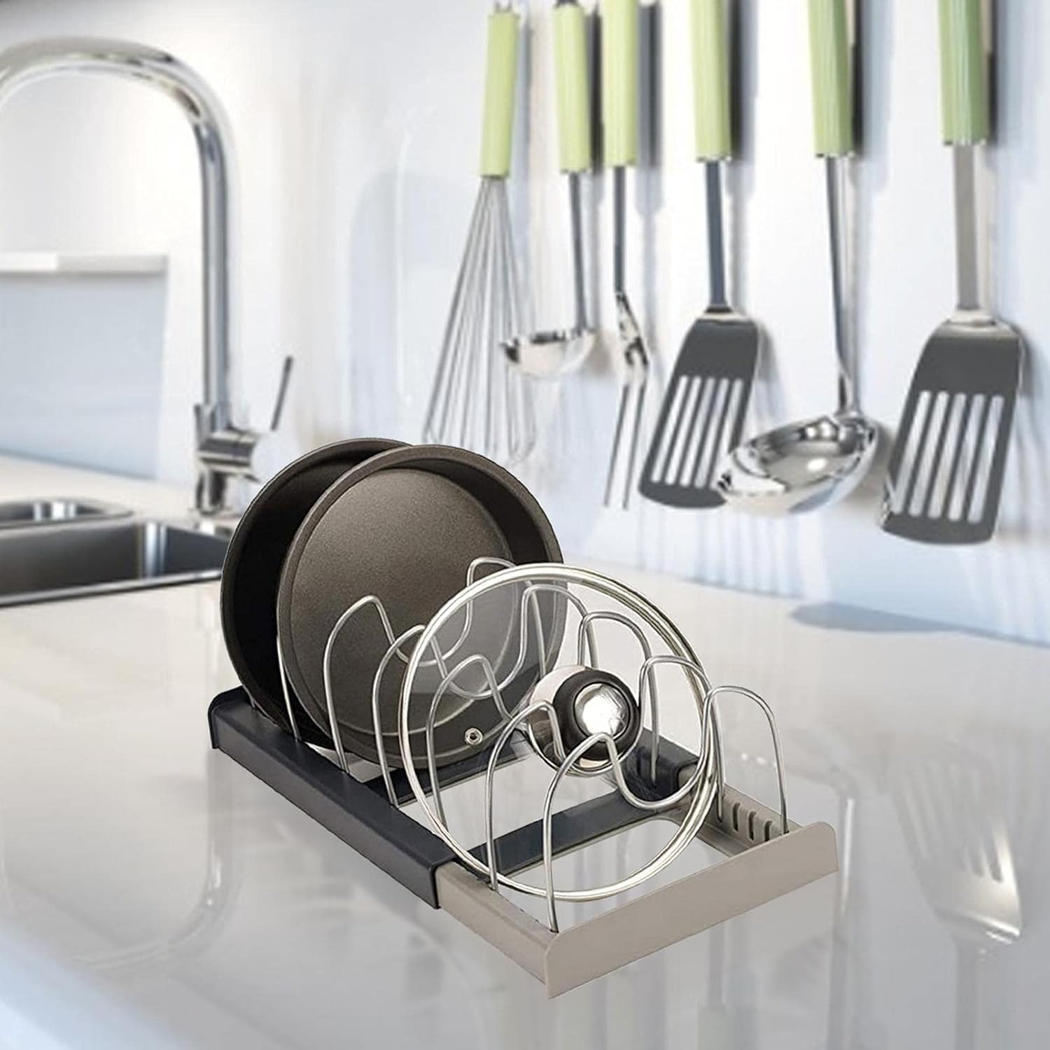 Expandable Dish Rack for Kitchen - Steel Pan Pots Lid Holder with 7 Adjustable Compartment Pot Racks Pot Holder Stainless Steel Adjustable Dividers — Amazon image 5