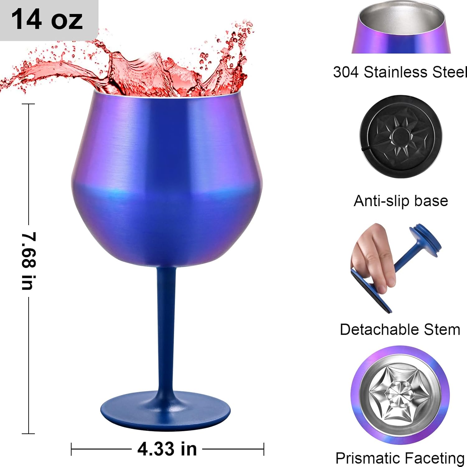 14oz Wine Glasses with Detachable Stem, Insulated Stainless Steel Wine Tumbler with Lid & Anti-Slip Base, Multi-Functional Cup for Gift Party Outdoor Travel Home Use (Purple)