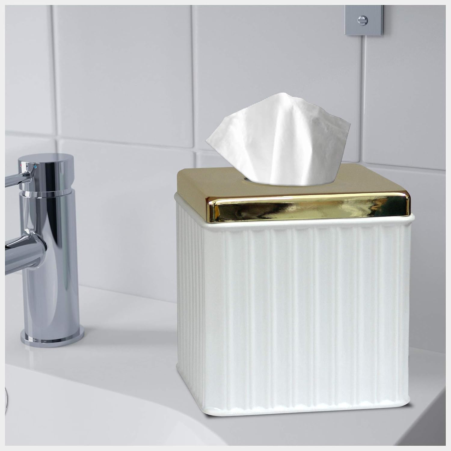 nu steel PAN9H Boutique Cover, Part of Our Panache Accessory Set Resin Square Facial Tissue Box Holder for Bathroom Vanity Countertops,Bedroom Dressers-White/Gold