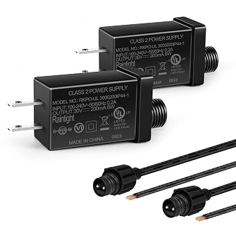 30V 6W 0.2A الفئة 2 مزود الطاقة 2Pack ، محول التيار المتردد إلى DC منخفض الجهد ، محول الطاقة القابل للنفخ IP44 لأضواء LED ، ضوء ديكور عيد الميلاد ، الاستخدام الداخلي / الخارجي ، UL مدرج