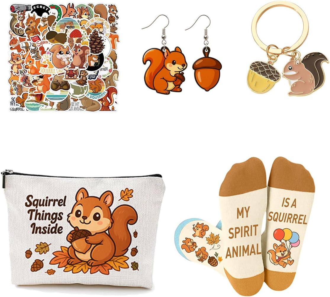 Squirrel Gifts Set Includes Squirrel Funny Gifts Sock, Makeup Bag, Stickers,Earrings