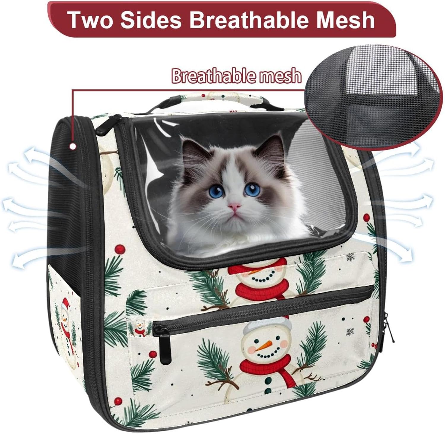 Merry Christmas Snowman Pet Carrier Airline Approved Soft Sided Portable Cozy Travel Pet Bag, Car Seat Safe Carrier for Cats and Dogs