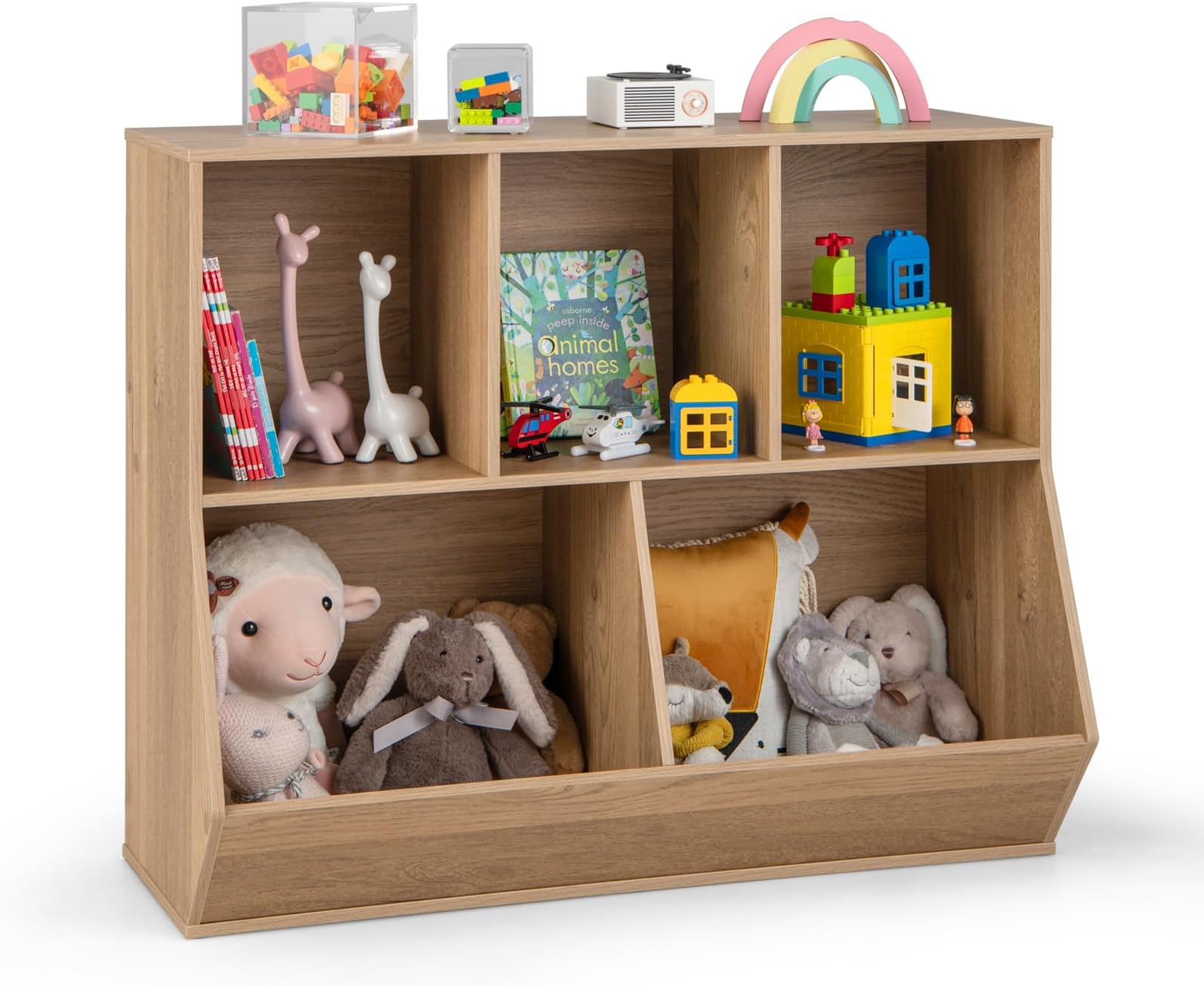 GYMAX Toy Storage Organizer, 5 Cubby Kids Storage Shelf Unit with Anti-Tipping Kits, Wooden Children Bookcase for Kids Room Playroom Nursery (Natural)
