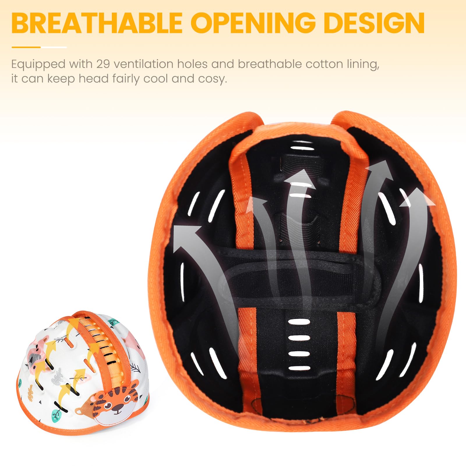 Orzbow Casque Bébé Anti Choc Protection avec Genouillères, Respirante Casque Sécurité Bébé pour Ramper et Marcher, Réglable, Ultra Léger, Coton et EVA de Qualité Supérieure, Tigre Orange