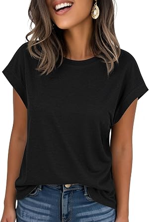 IRISGOD Womens Cap Sleeve Summer Tops Casual Short Sleeve Trendy T-Shirts 2025 Loose Fit Crew Neck Tee with Side Slits