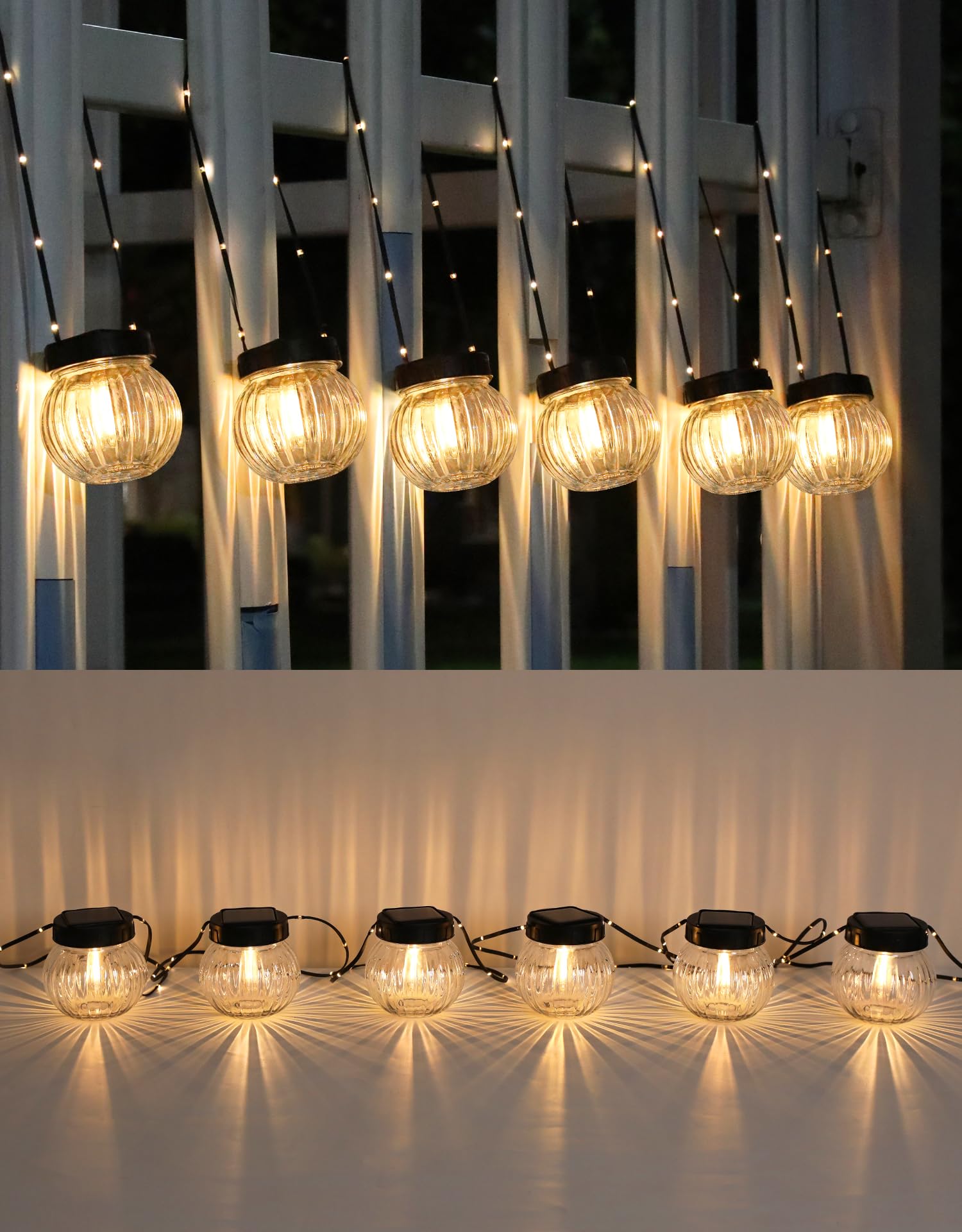 PARTPHONER Luces solares impermeables para exteriores, paquete de 12, faroles colgantes de vidrio acanalado para decoración de patio, decoración de Navidad, gancho de pastor, adornos de árbol de