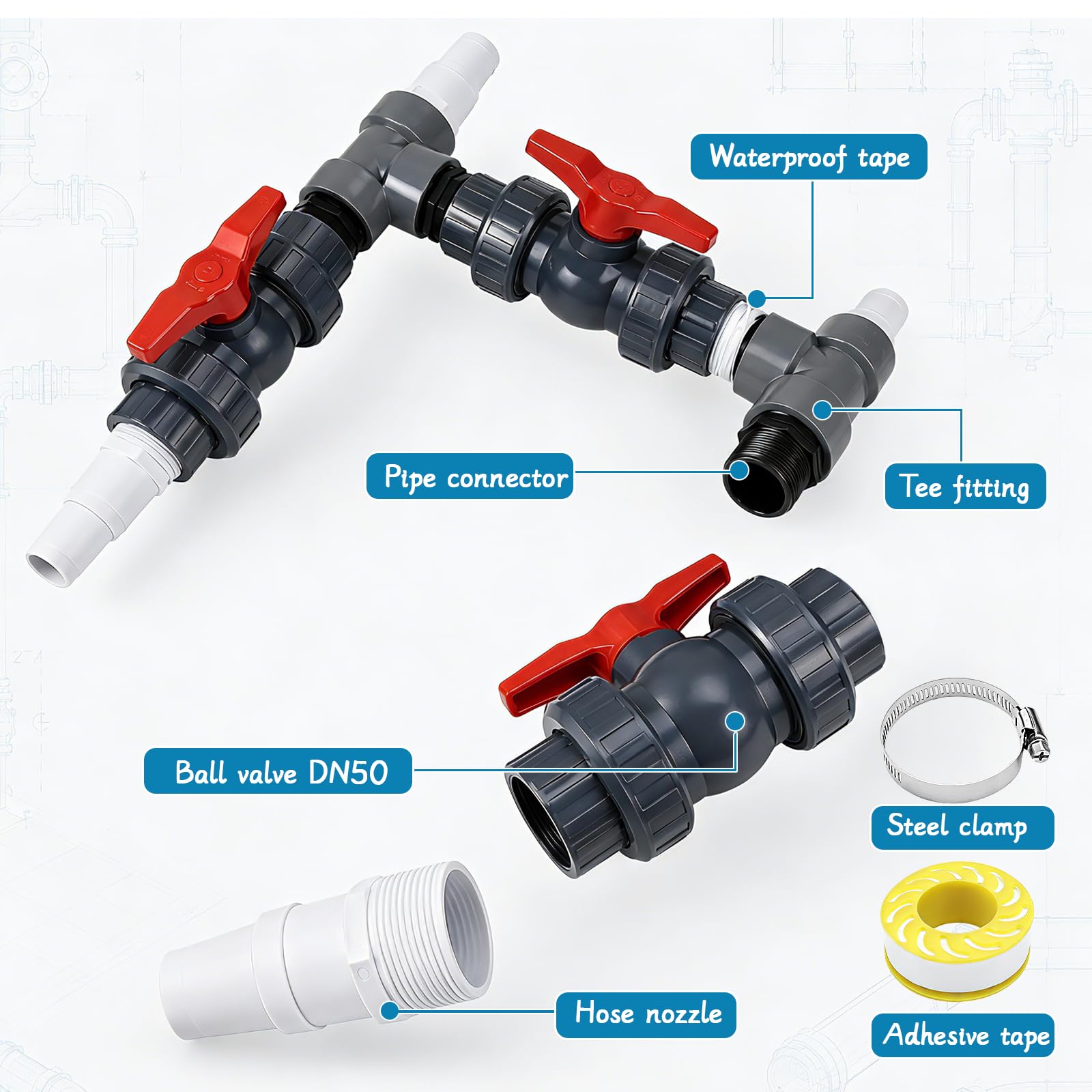 Bypass Kit de piscine 50 mm, pompe à chaleur, kit de raccordement de piscine avec becs de tuyau en ABS 32/38 mm, chauffage de piscine, pompe à chaleur, chauffage solaire, dérivation de