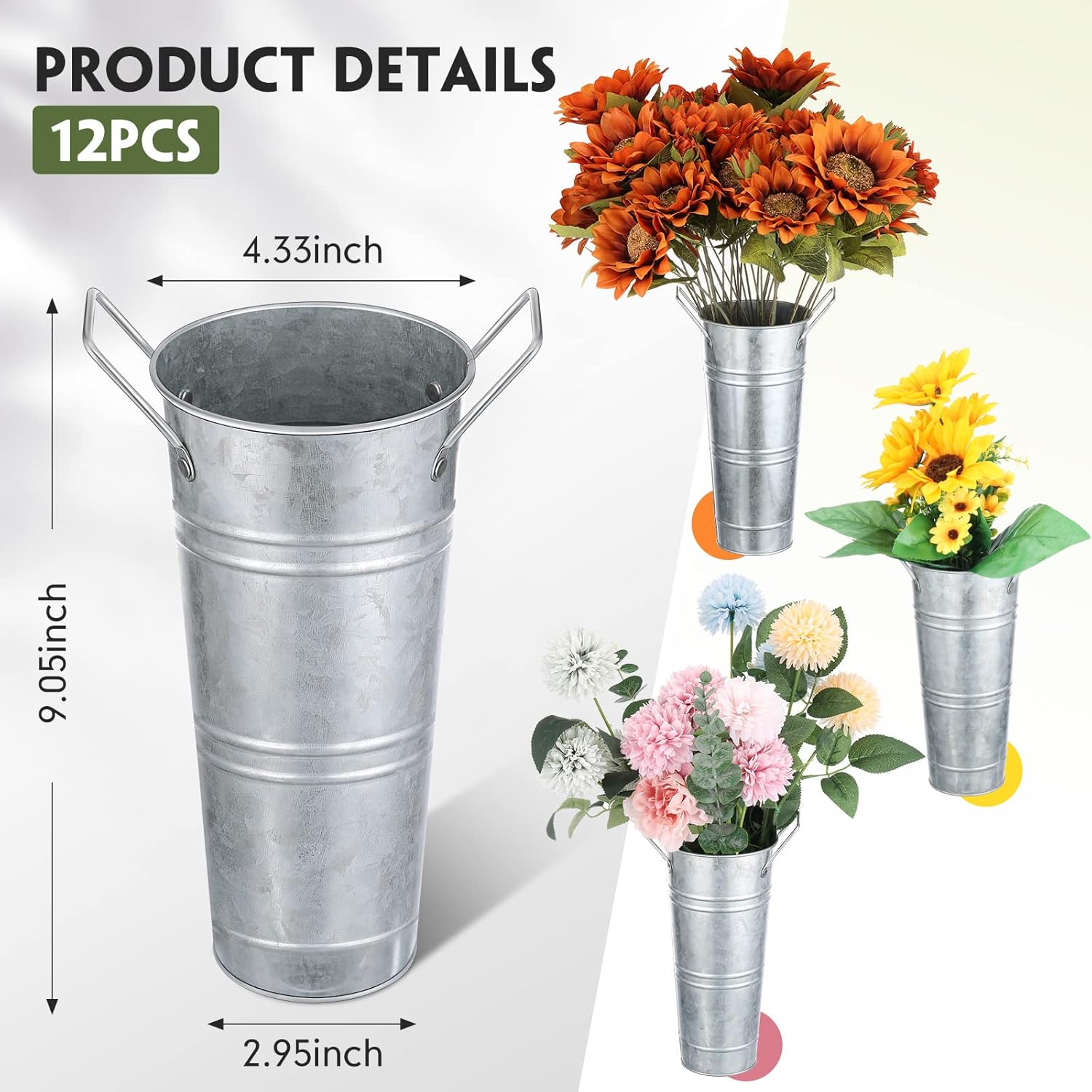 Chumia 12 Pcs Galvanized Flower Bucket 9 Inch Metal Vase Farmhouse Rustic French Flower Bar Bucket with Handles for Home Floral Centerpiece Container Wedding Table Decor(Matte Silver)