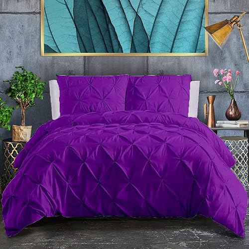 RRlinen Juego de edredón plisado morado para cama de tamaño Queen de gran tamaño, 100 % algodón suave de 500 GSM con relleno de caja deflectora,