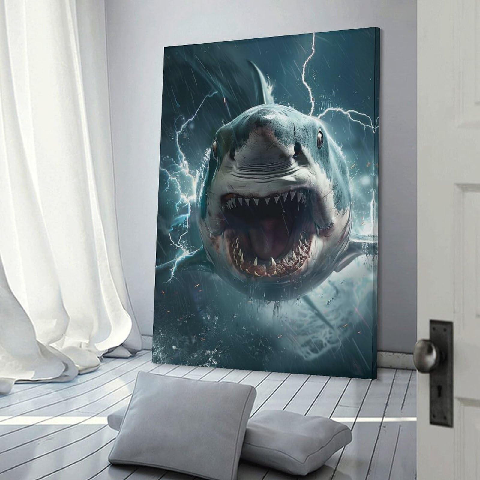 Junmoney Canvas Wall Decor Shark Lightning, 24x36inch(60x90cm), for Bedroom Decor, Cosy Corners Or Studios, Decorative Wall Art for Cosy Rooms