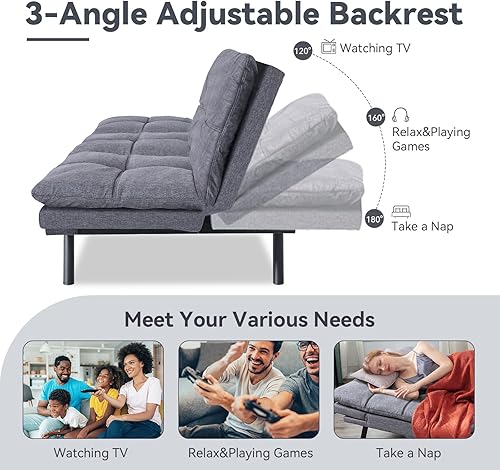 Miniatura 4 de Erdoru, Sofá biplaza futón de espuma viscoelástica, sofá cama moderno con respaldo convertible y reposabrazos, color gris claro
