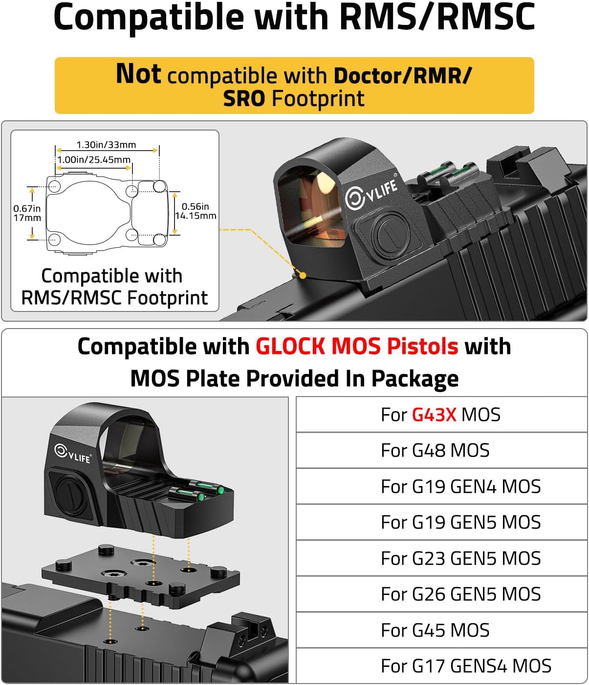 CVLIFE WolfCovert M01 Motion Awake Red Dot Sight,Compatible with RMS/RMSC 3MOA Red Dot Open Reflex Sight Compact Shockproof IPX6 Waterproof, with Adapter Plate for MOS 21mm Picatinny Base