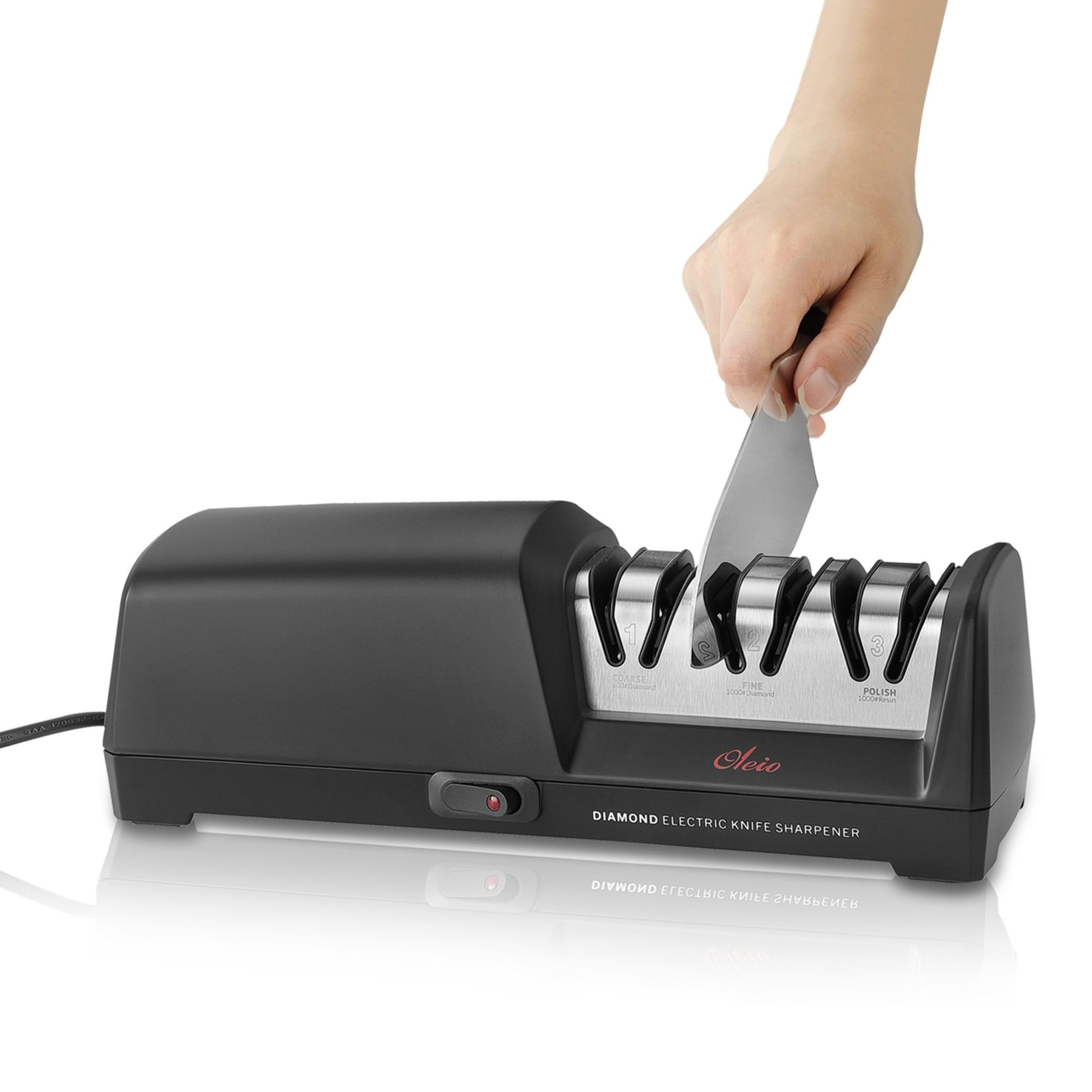 Oleio Messerschärfer elektrisch 3-Stufen – 15° Winkelführung, leiser Multischleifer