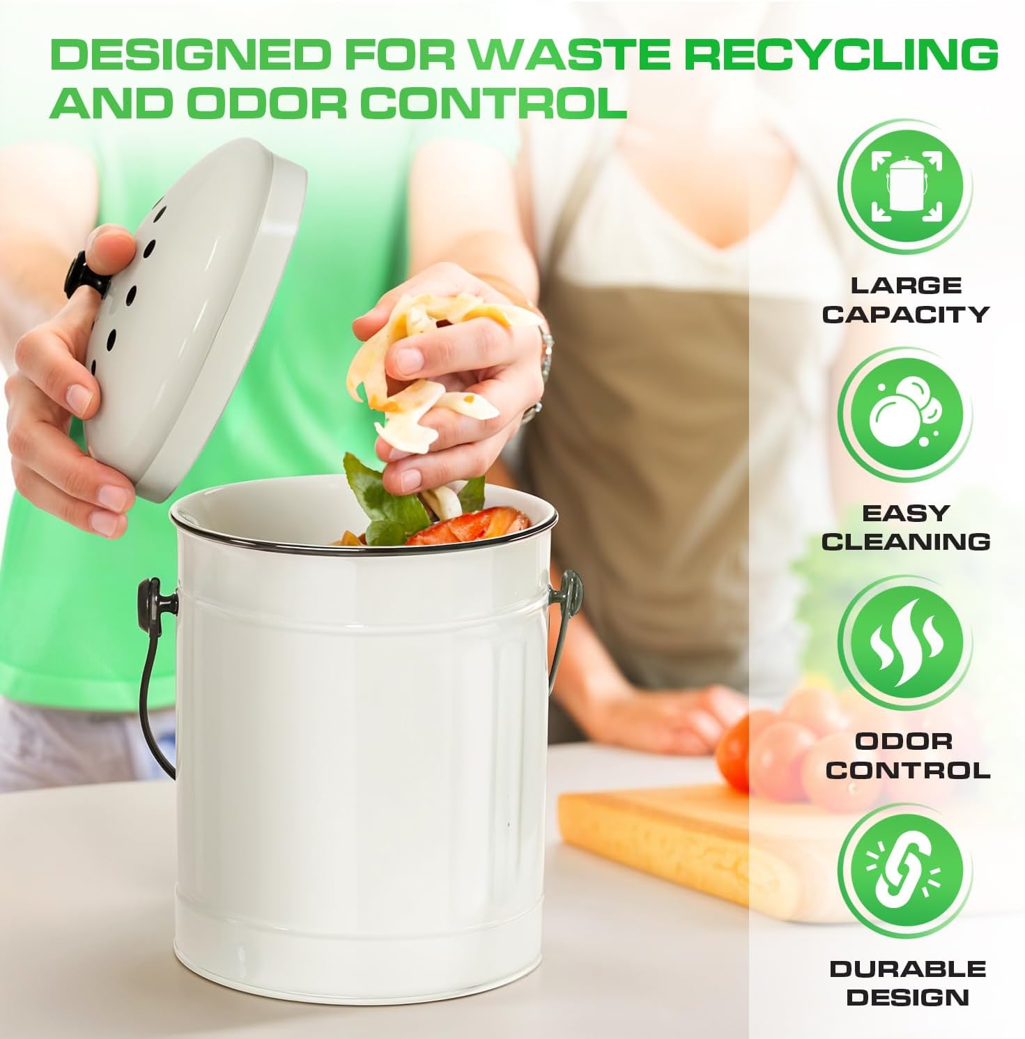 Plexon Kitchen Compost Bin Indoor with Lid, Off-White 1.5 Gallon Odorless Container, Steel Food Compost Bucket for Kitchen with Charcoal Filter, Compost Pail Countertop