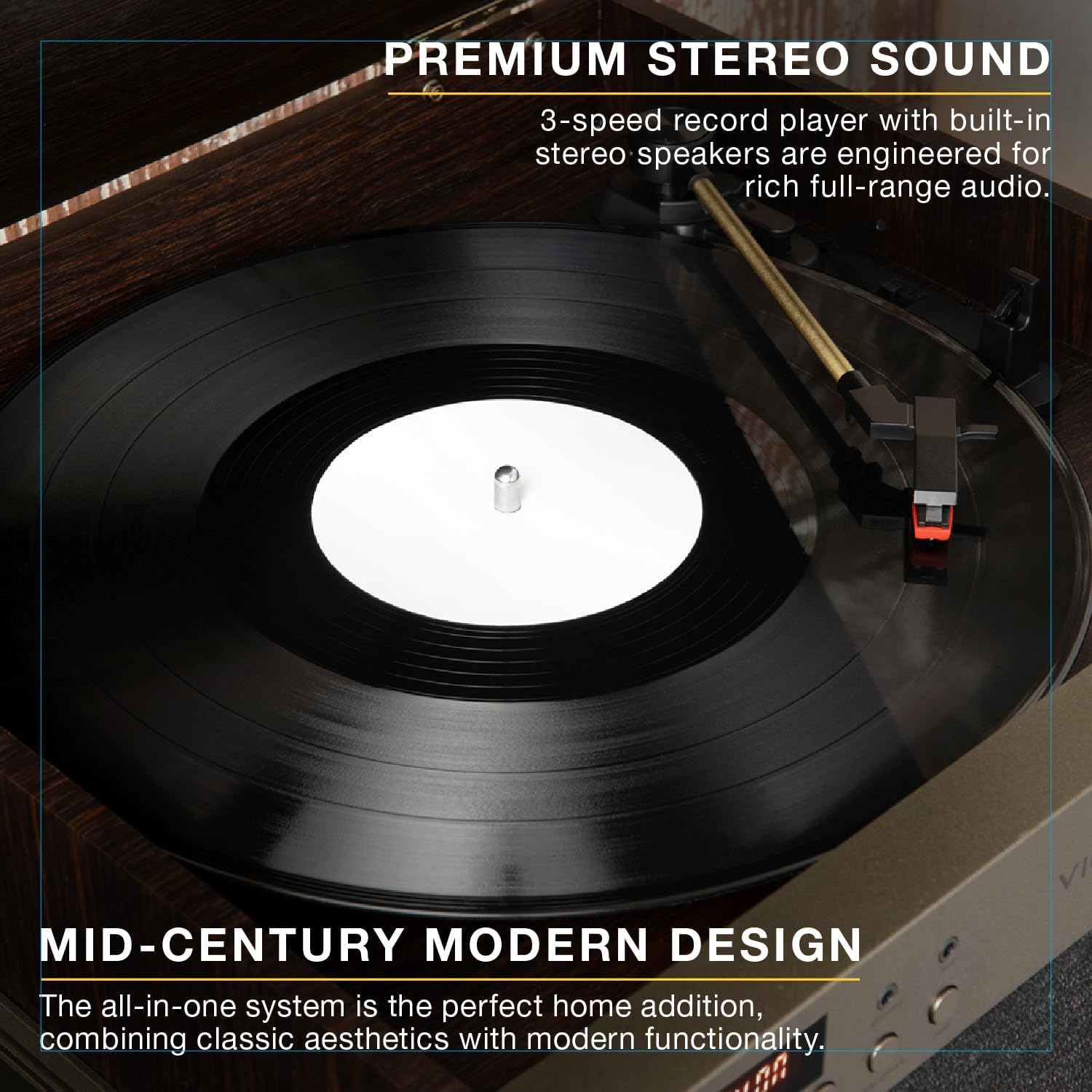 Close-up of the 3-speed belt-driven turntable on the Victrola Century Essential with a vinyl record playing.