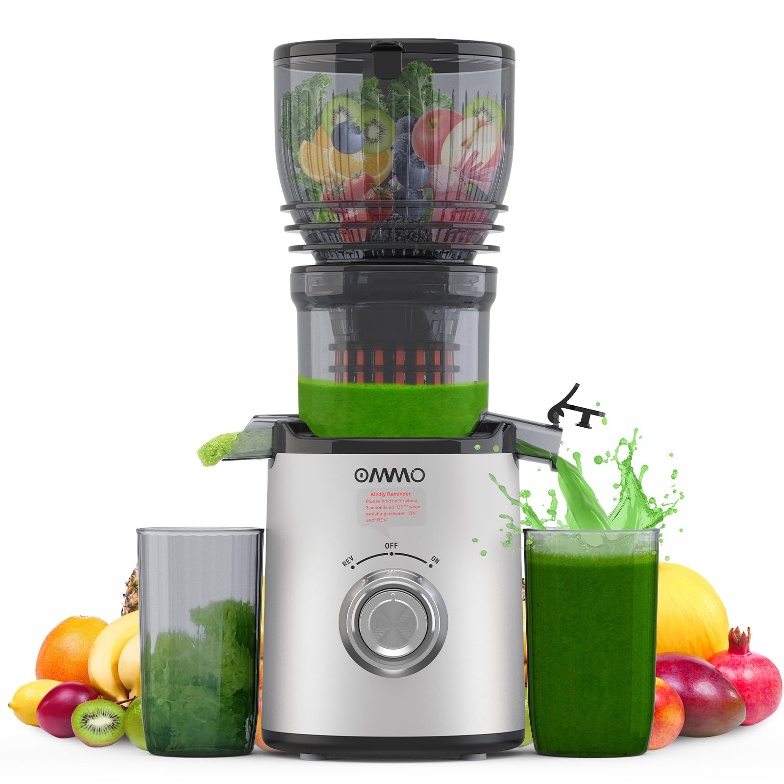 OMMO Slow Juicer, 300 W Juicer for Fruit and Vegetables with 148 mm Gutter, Electric Juicer, Easy to Clean with 2 PC Cups, BPA Free, Silver - siliver