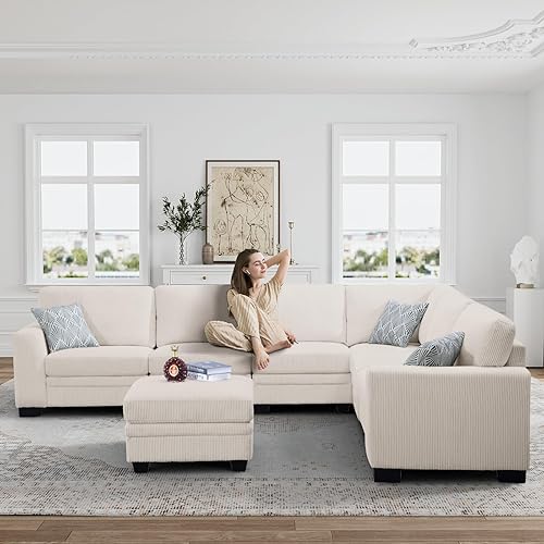 Miniatura 3 de Legend Vansen Sofá modular de gran tamaño, sofá en forma de U de 7 asientos con otomana, sofá de pana con asiento profundo, sofás seccionales