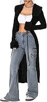 SOLYHUX Women's Y2K Long Cardigan: Fur Trim Fuzzy Open Front Tie-Up Knitted Sweater Coat