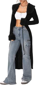 SOLY HUX Women's Y2k Long Cardigans Fur Trim Fuzzy Open Front Knit