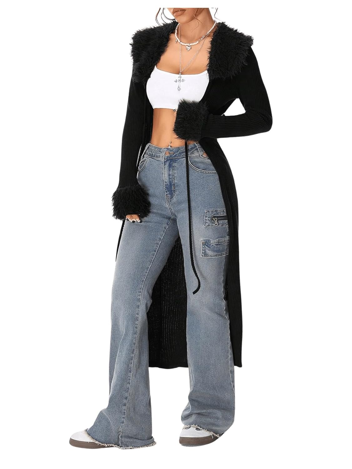 SOLY HUX Long Cardigans for Women Fur Trim Fuzzy Open Front Long Sleeve Tie-up Y2k Knitted Sweater Coats