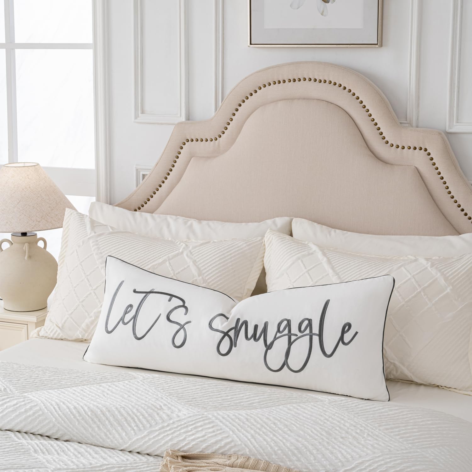 Sunkifover Let's Snuggle Decorative Lumbar Pillow Cover - 14x36 Inch White and Grey Cotton Embroidery Throw Pillowcase for Bed, Bedroom, Living Room, Home Decor