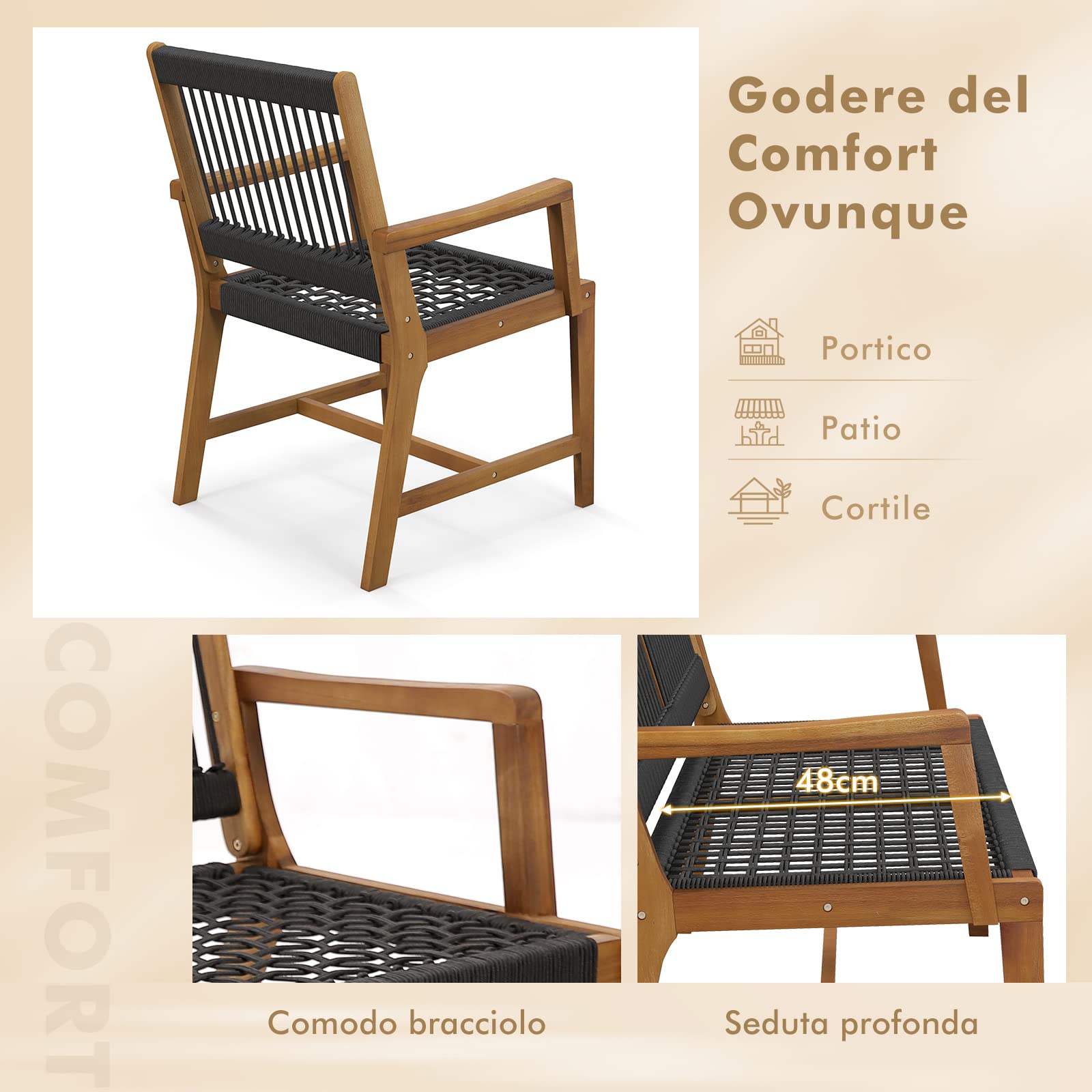 COSTWAY Set 2 Sedie da Giardino in Legno di Acacia Intrecciate | Poltrona da Pranzo per Patio Prato Giardino Portata 160 kg, 57 x 64 x 90 cm